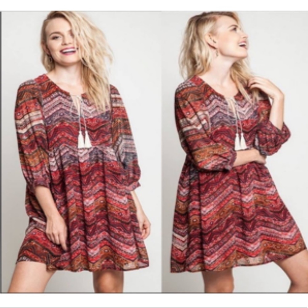 Umgee boho Aztec printed cranberry fluff babydoll shift dress size